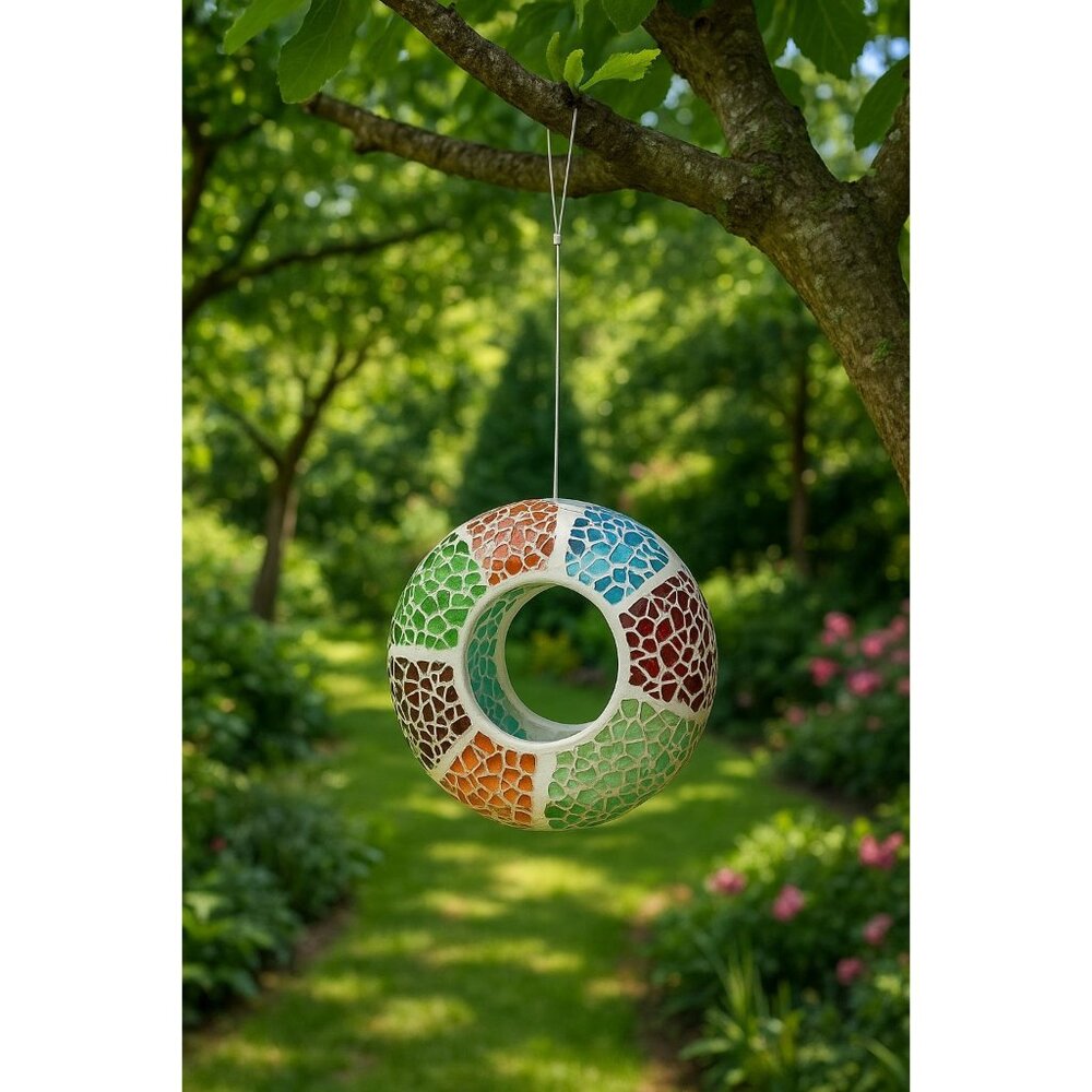 Mosaic Glass Hanging Bird Feeder With Multicolor Design For Outdoor Garden Decor